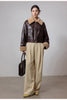 Women shearling collar oil-waxed down leather jacket