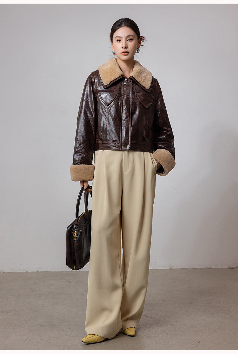 Women shearling collar oil-waxed down leather jacket