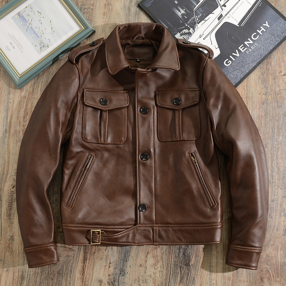 Men’s Brown Genuine Leather Military Jacket