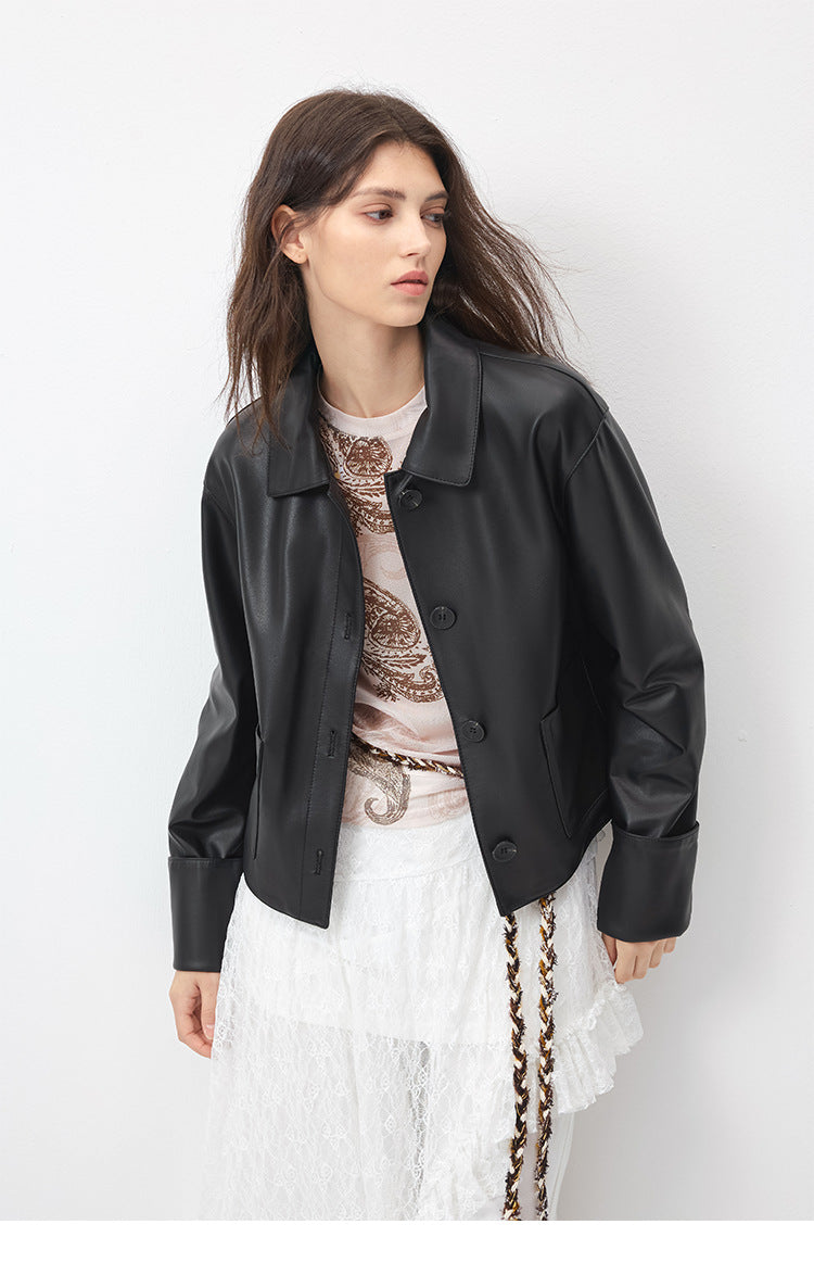 Black cropped sheepskin leather jacket women