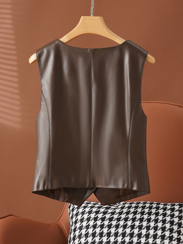 Women's short leather vest with v neck