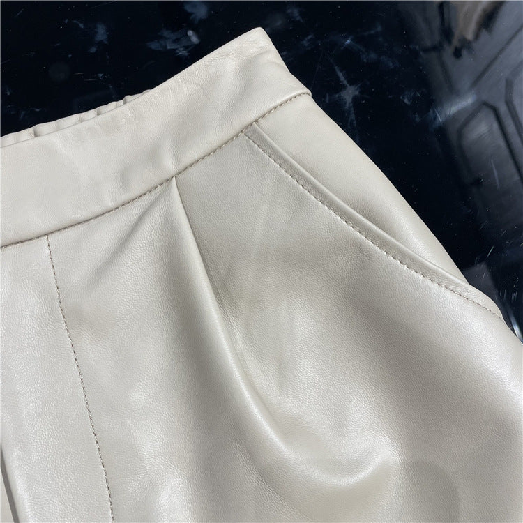 Beige genuine sheepskin leather wide leg women shorts