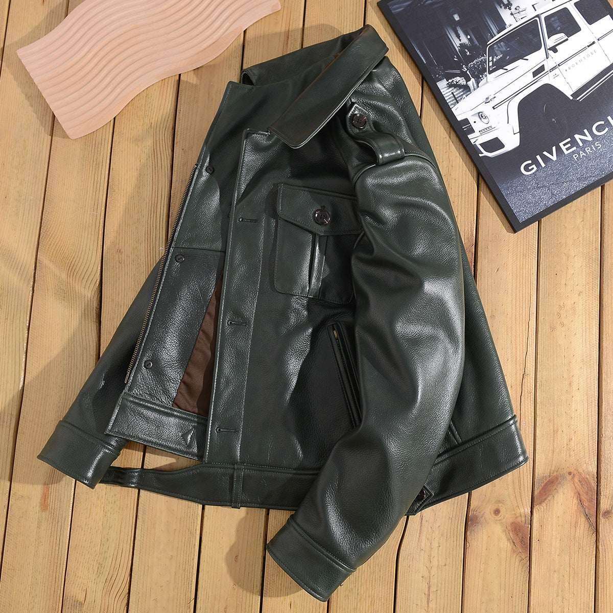 Men Green Tumbled Cowhide Military Leather Jacket