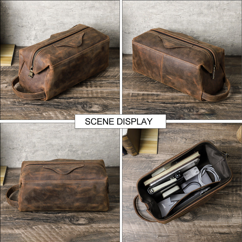Large Leather Toiletry Bag in Distressed Brown for Travel