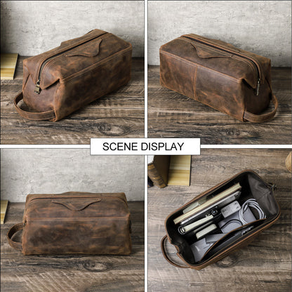 Large Leather Toiletry Bag in Distressed Brown for Travel