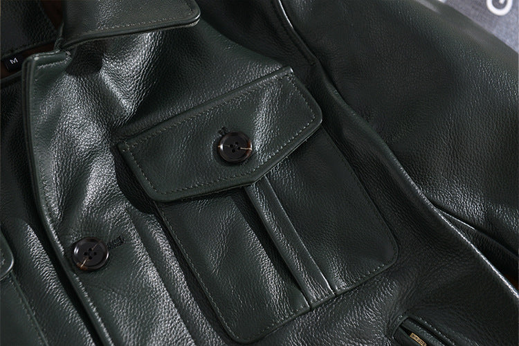 Men Green Tumbled Cowhide Military Leather Jacket