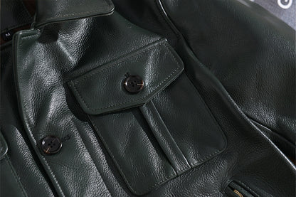 Men Green Tumbled Cowhide Military Leather Jacket