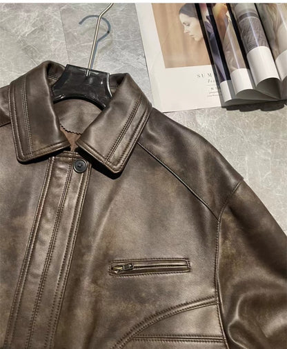 Women Oversized Brown Leather Moto Jacket
