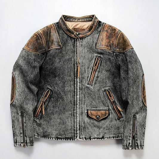 Retro venom denim real leather jacket