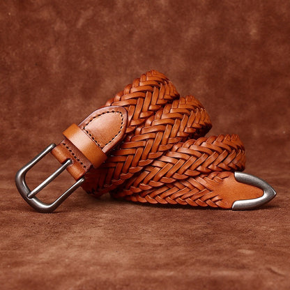 Womens Woven Belt in Top-Grain Leather with Pin Buckle