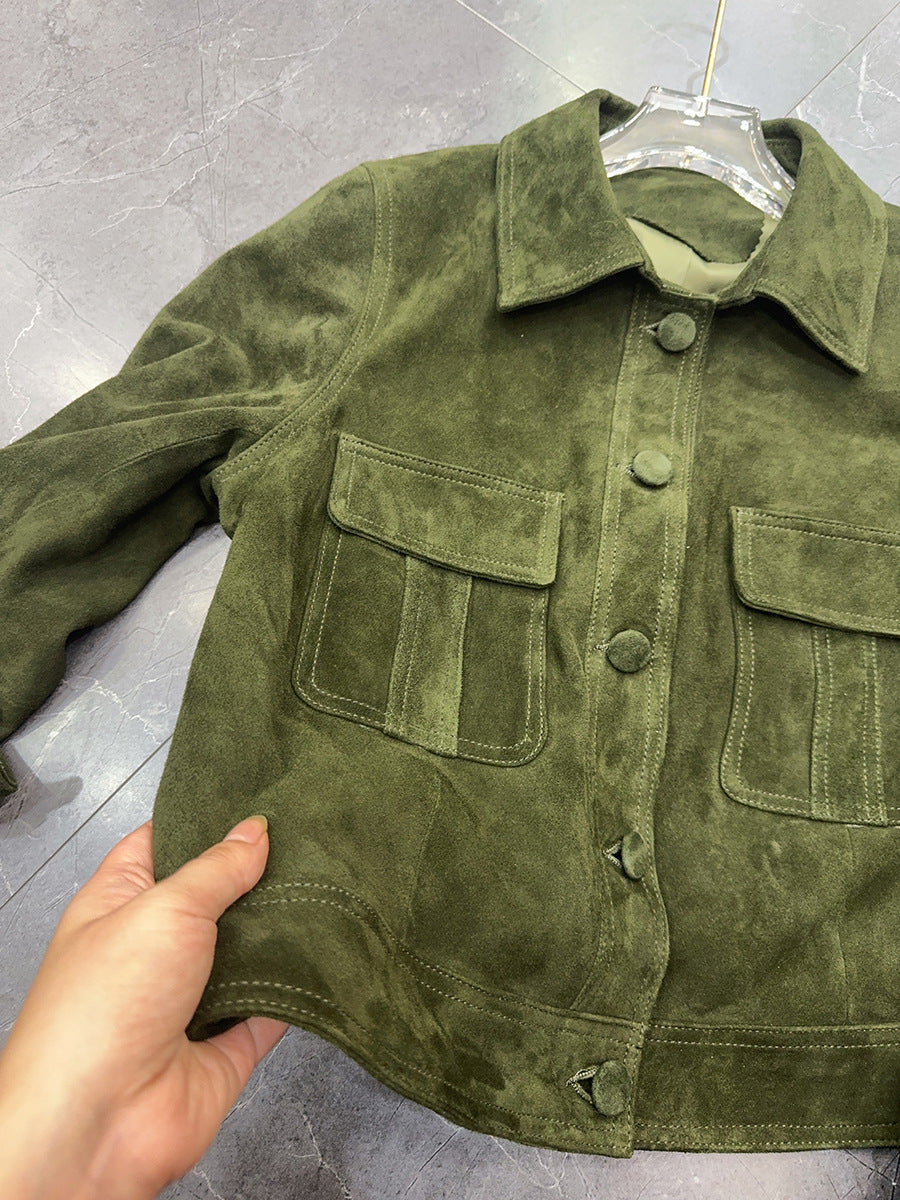 Women's olive goatskin suede pocket jacket