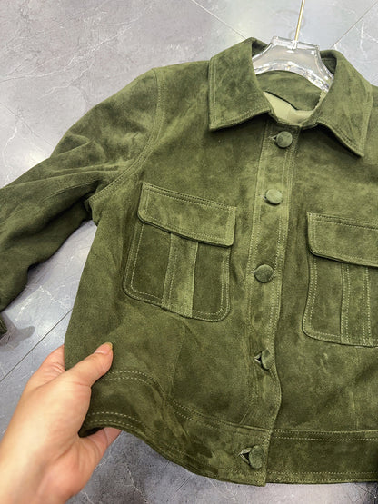 Women's olive goatskin suede pocket jacket