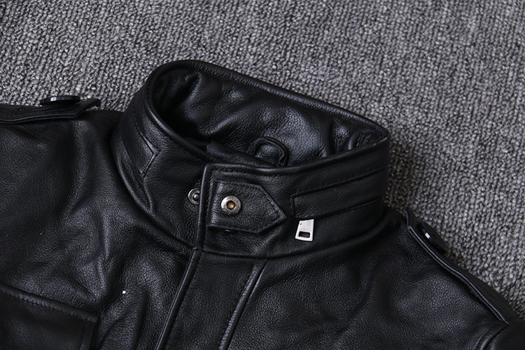 Hunting mid length leather jacket men