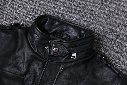 Hunting mid length leather jacket men