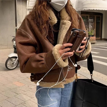 Women Brown Leather Aviator Jacket Oversized