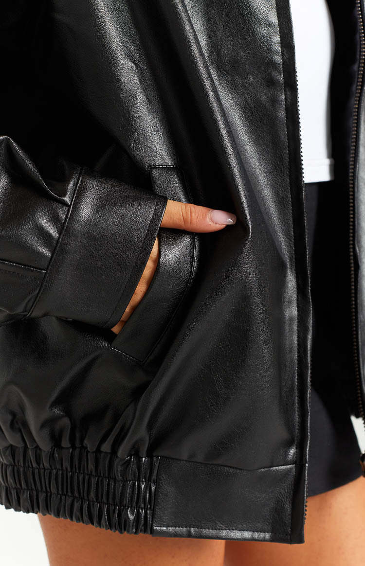 Women's Oversized Black Faux Leather Bomber Jacket