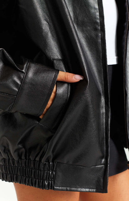 Women's Oversized Black Faux Leather Bomber Jacket