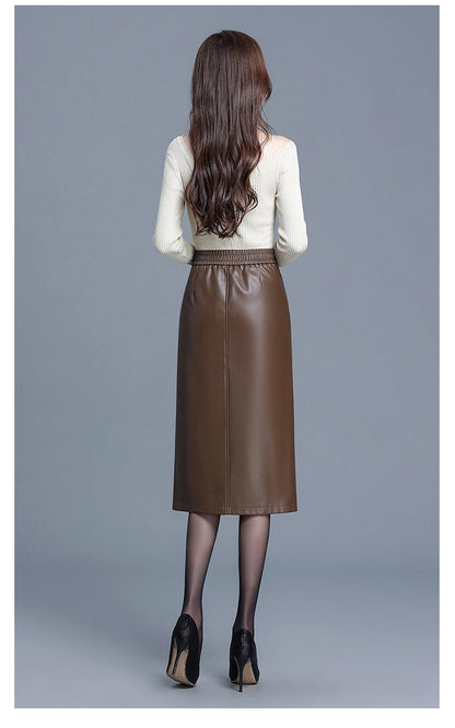Black PU Leather Midi Skirt With Front Slit High Waist