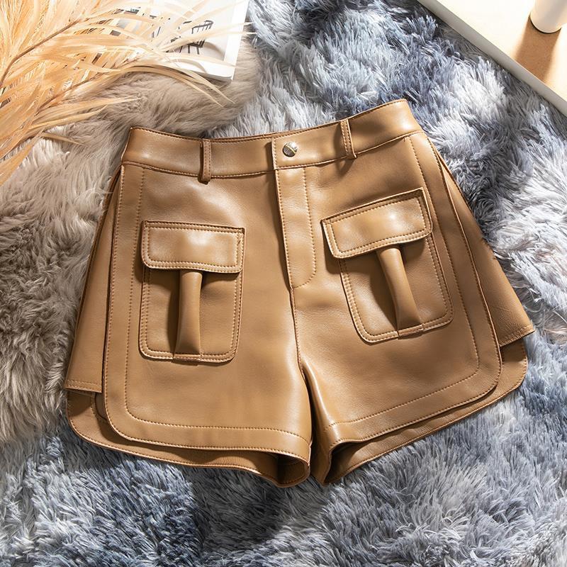 High waist burgundy sheepskin leather shorts