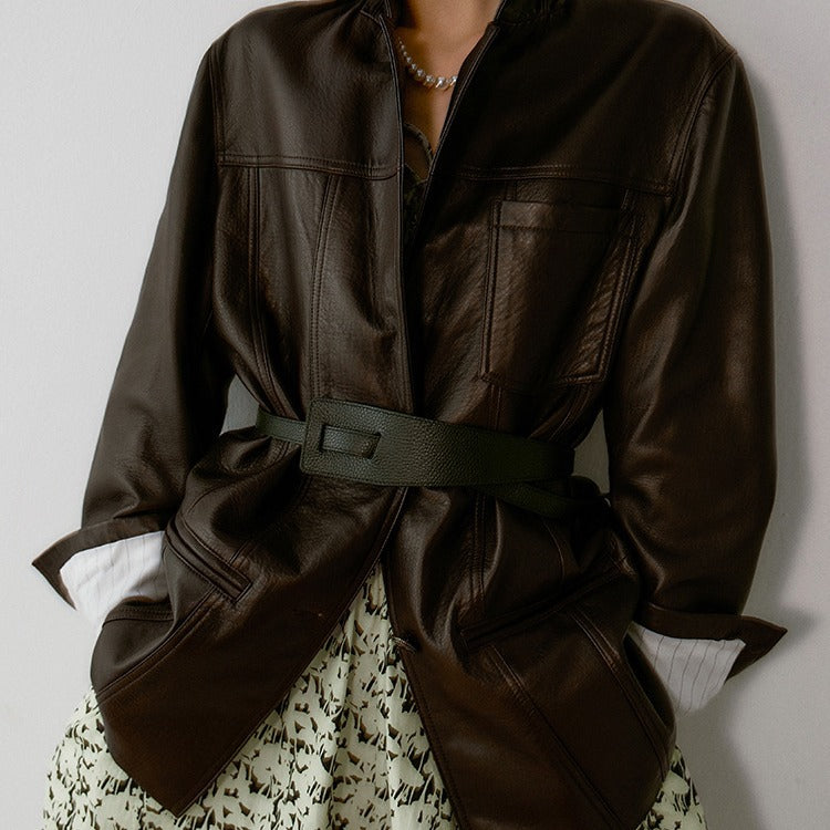 Brown sheepskin women leather blazer coat