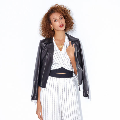 Women slim fit brown biker leather jacket