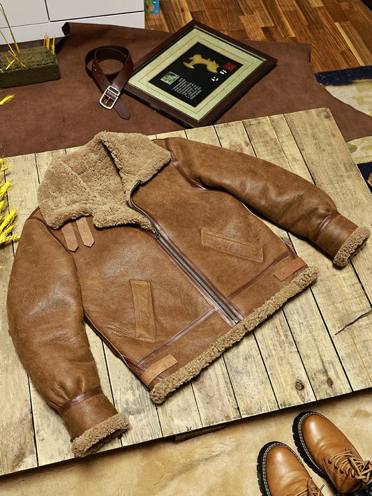 B3 lambswool fur lined leather aviator jacket