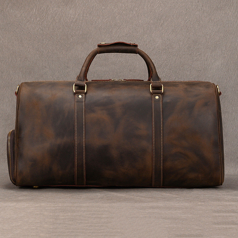 Leather weekender duffle bag with shoe compartment