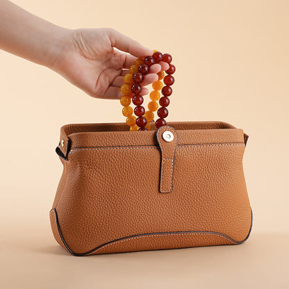 Women's Leather Cosmetic Bag with Wide Opening in Brown