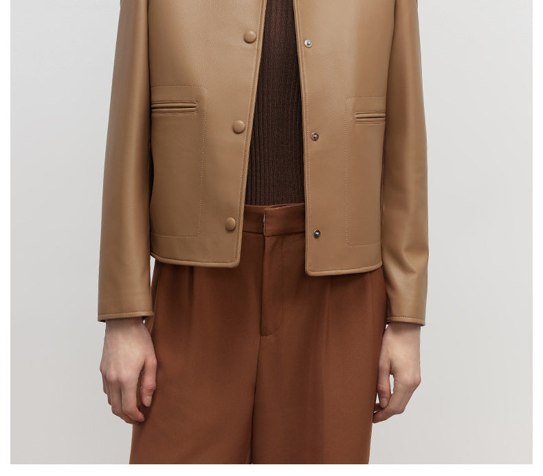 Womens beige brown slim fit cropped leather jacket