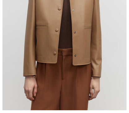 Womens beige brown slim fit cropped leather jacket