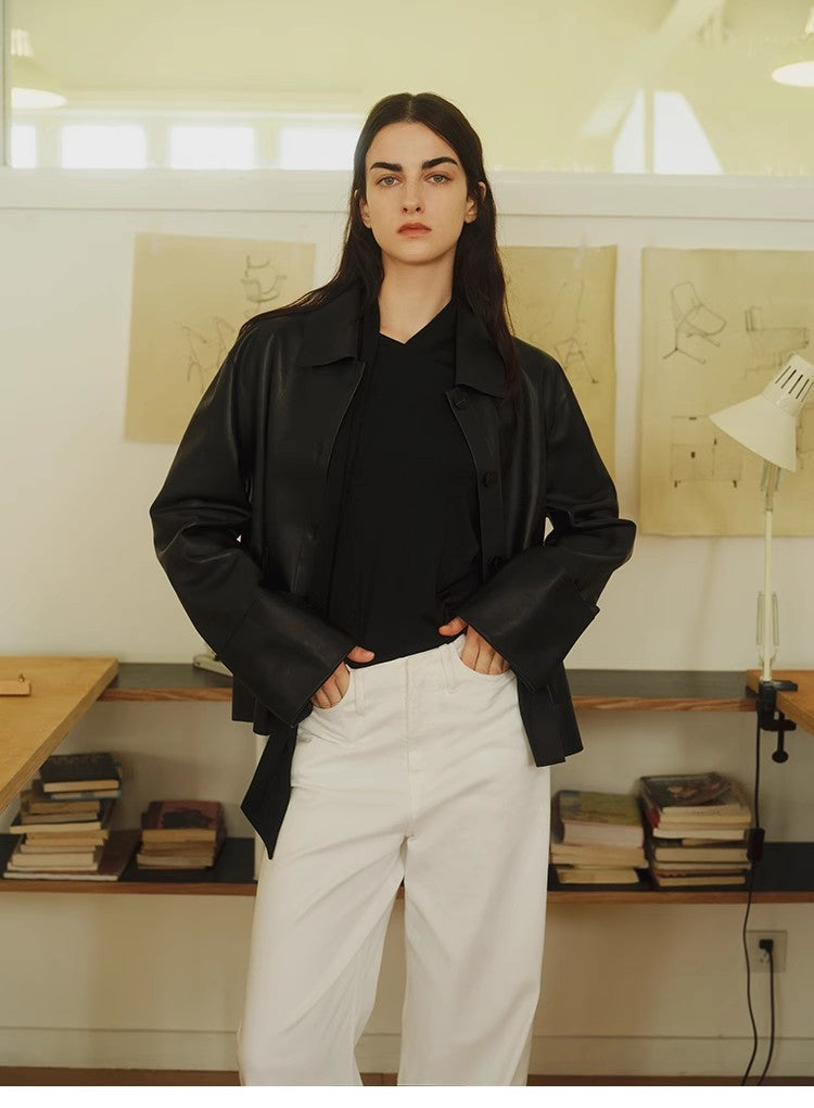 Women’s Genuine Sheepskin Black Leather Coat