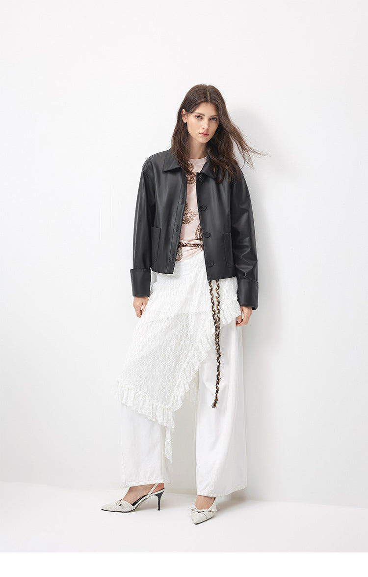 Black cropped sheepskin leather jacket women