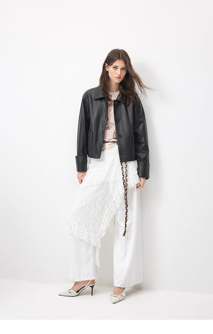 Black cropped sheepskin leather jacket women