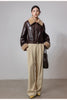 Women shearling collar oil-waxed down leather jacket