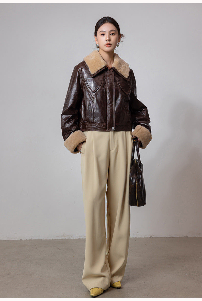 Women shearling collar oil-waxed down leather jacket