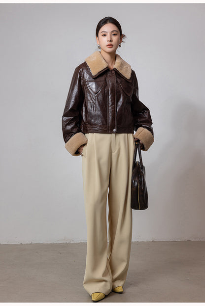 Women shearling collar oil-waxed down leather jacket