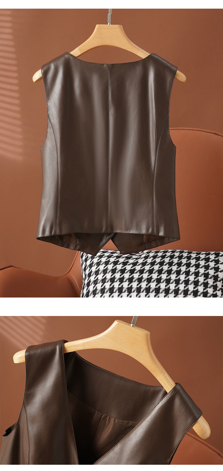 Women's short leather vest with v neck