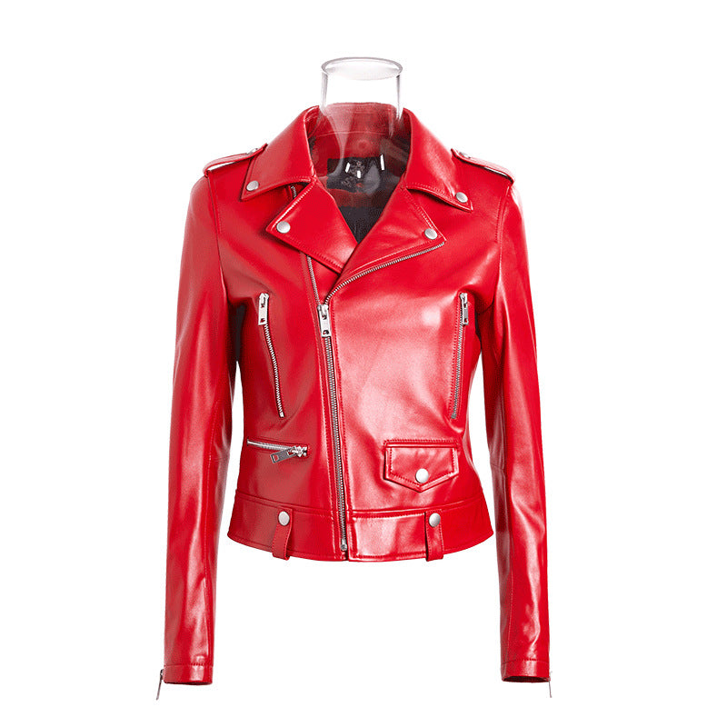 Petite slim fit sheepskin biker jacket