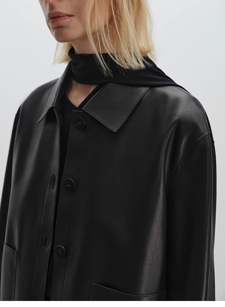 Women’s Genuine Sheepskin Black Leather Coat