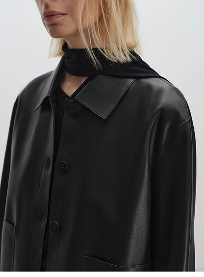 Women’s Genuine Sheepskin Black Leather Coat