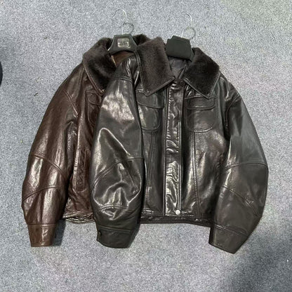 Women leather parka with fur collar