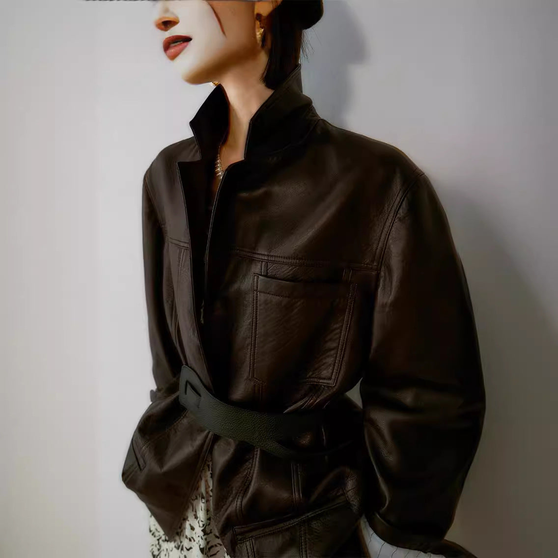 Brown sheepskin women leather blazer coat