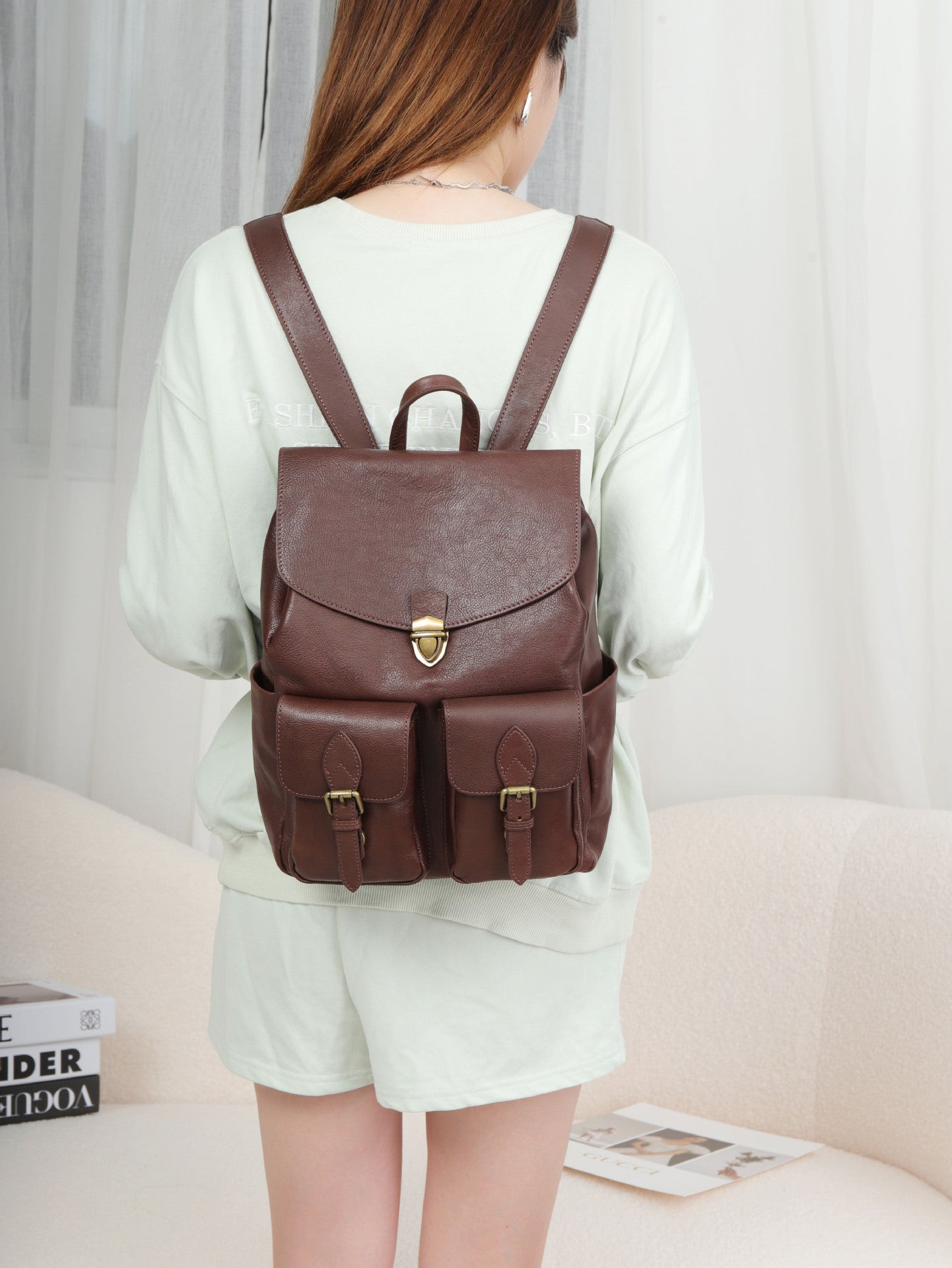 Women leather backpack laptop carry bag