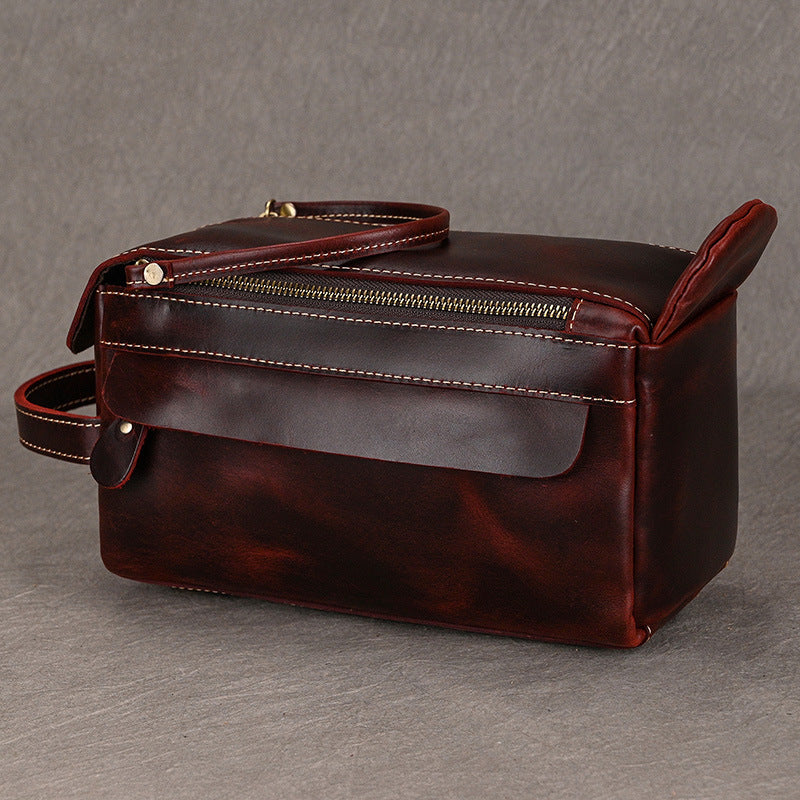 Men's Leather Wash Bag in Dark Brown Top-Grain Cowhide