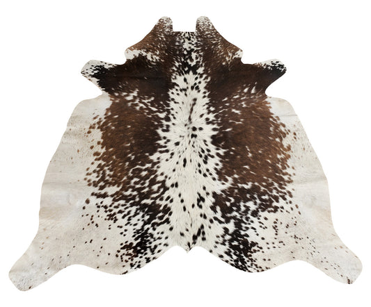 A high quality salt pepper cowhide rug that looks fantastic, darker black and mostly white, it will go with any dark or light space.