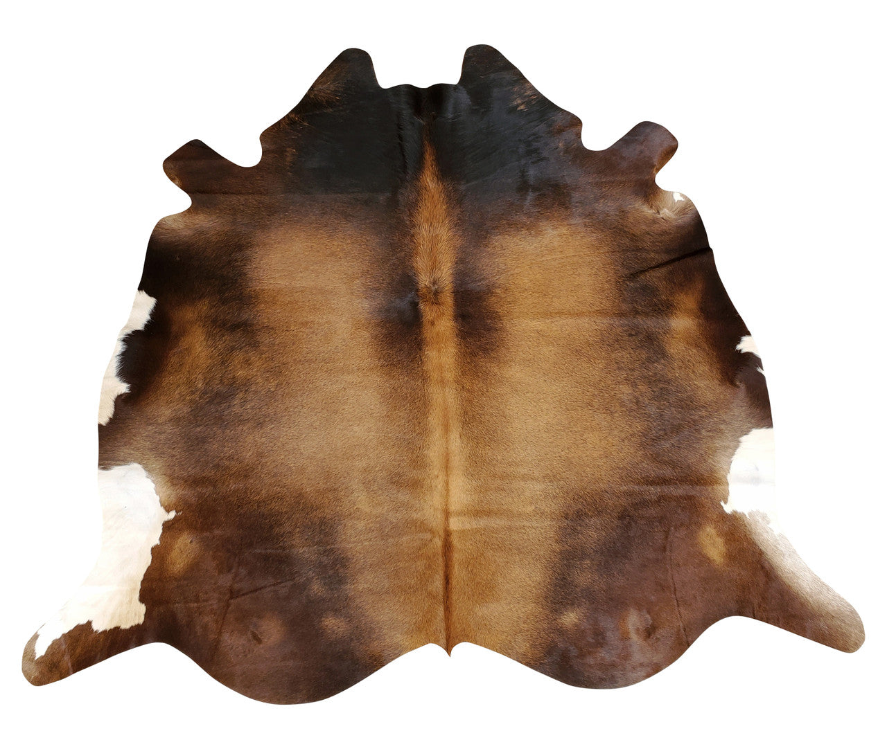 A very beautiful small cowhide rug mostly brown with white edges, amazing for high traffic living room. 