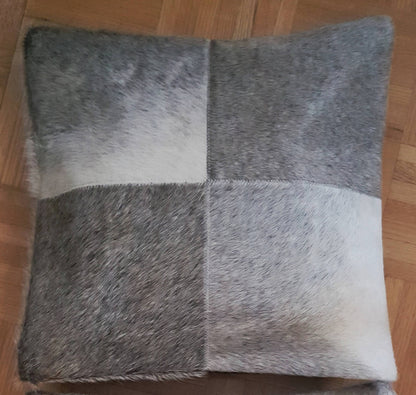 Cowhide Pillow Cover Grey White Cow Hide Patchwork Cushions 16 by 16 inches Two Covers