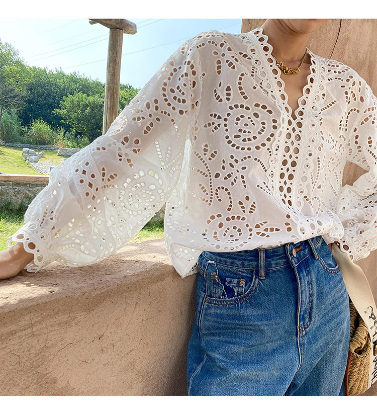 Summer Tops Women White Eyelet Lace Blouse