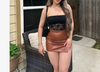 chocolate brown leather mini skirt looks