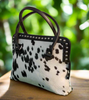 Black White Cowhide Handbag With Rivets